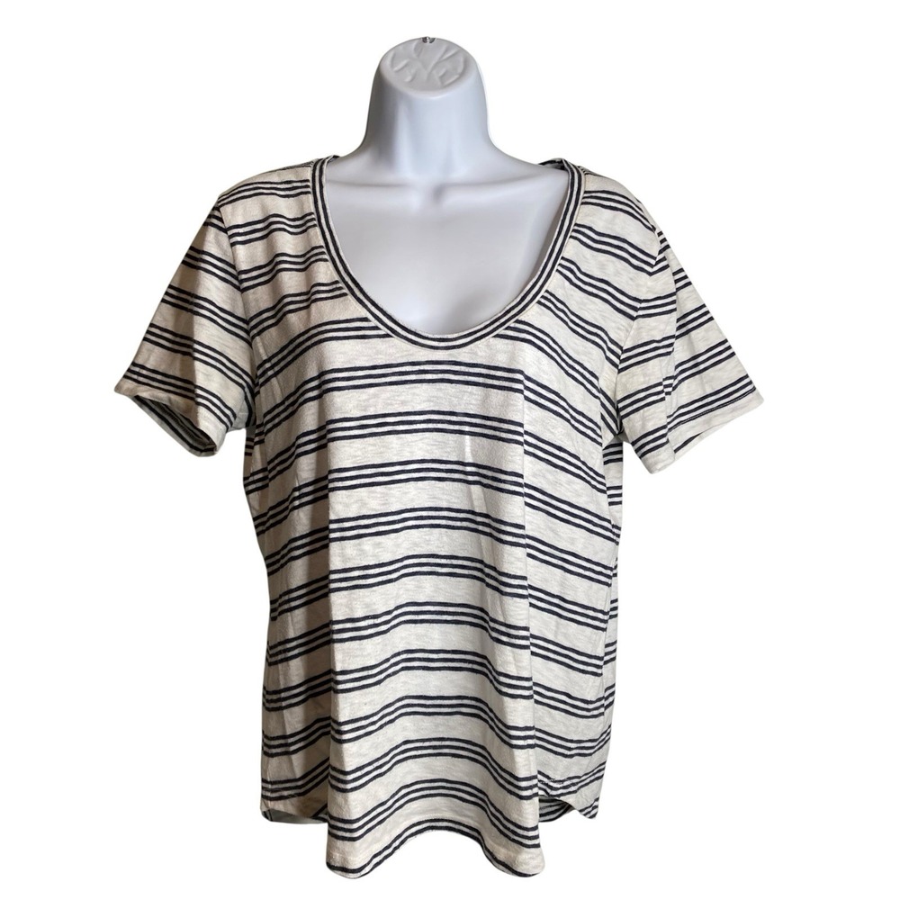 J Crew Women's White Black‎ Striped Scoop Neck T Shirt Est. Size L Preppy Basics